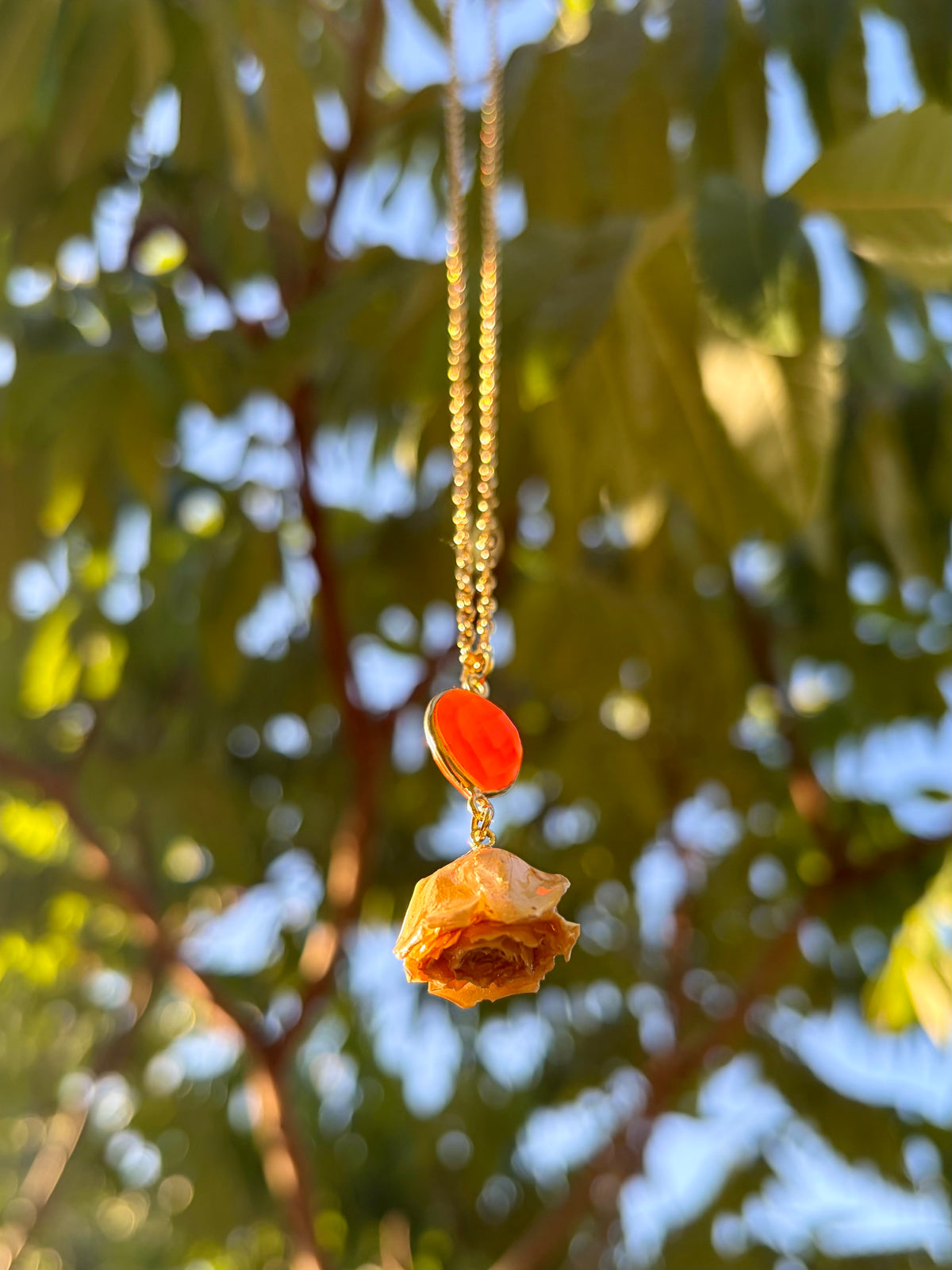 Real Rose Bud & Carnelion Necklace